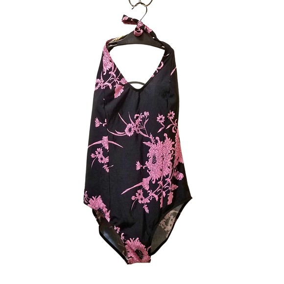 Venezia Lane Bryant Black Pink Floral Halter Top One-Piece Swimsuit Size 22W - Picture 1 of 4